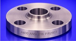 Machined nickel-copper alloy flange stamped A400 ANSI B16, showing the raised face and bolt holes